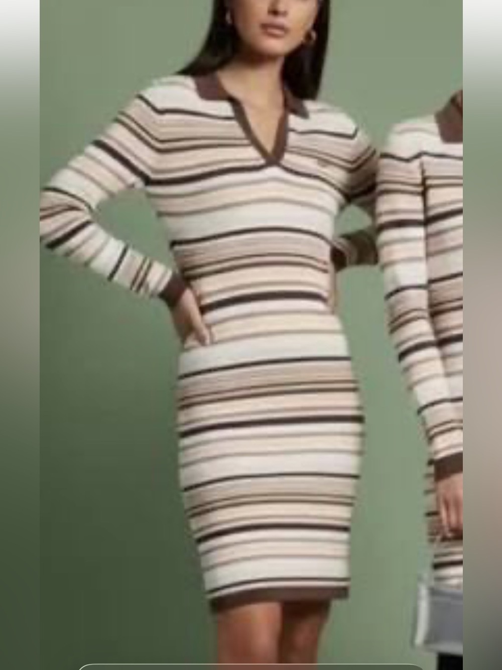 adidas Women’s Striped V-Neck Sweater Dress - Cream & Brown